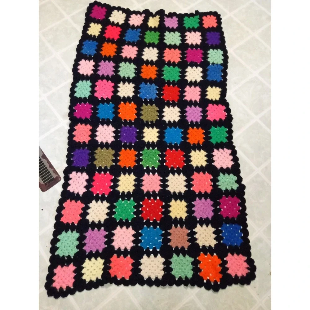 Vintage Handmade Crochet Granny Square Afghan Blanket Multi-Color Black Trim‎